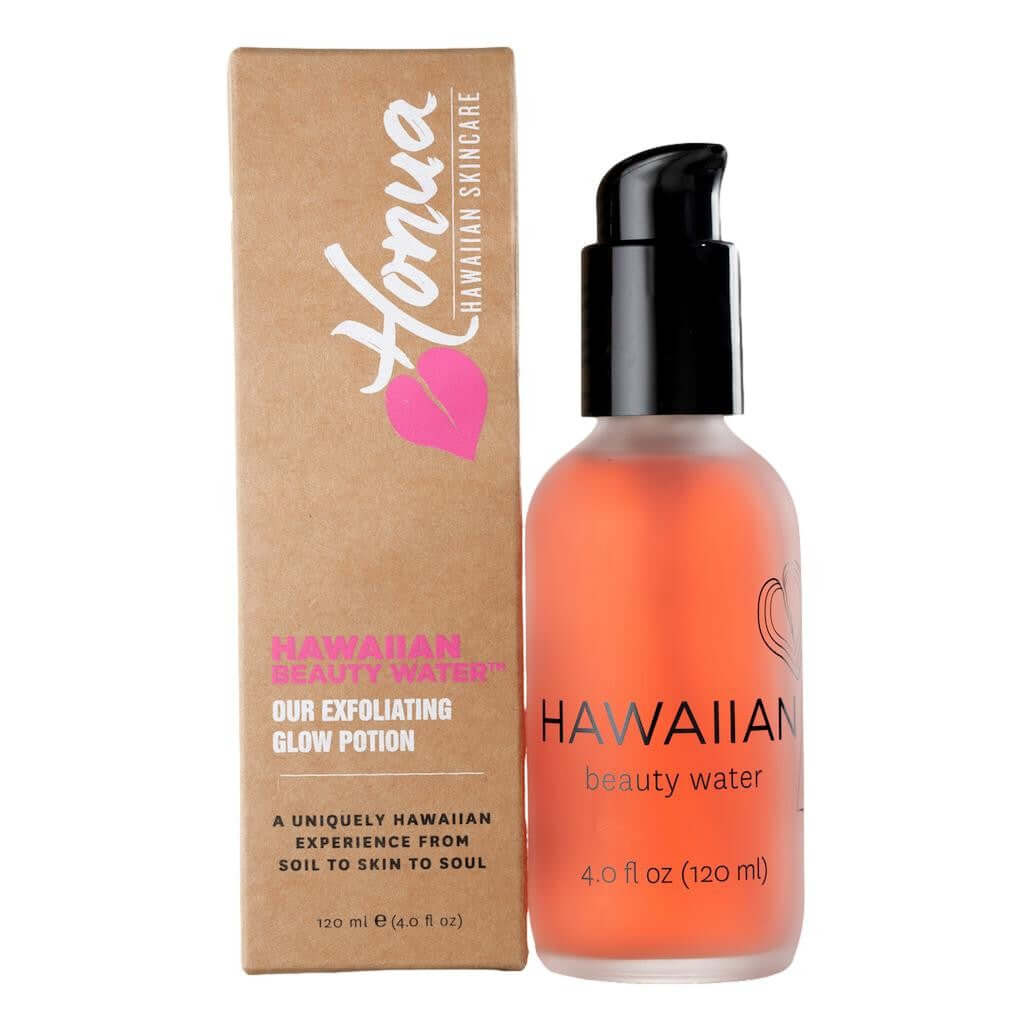 Hawaiian beauty water facial exfoliant bottle with pump and kraft box, 4 oz