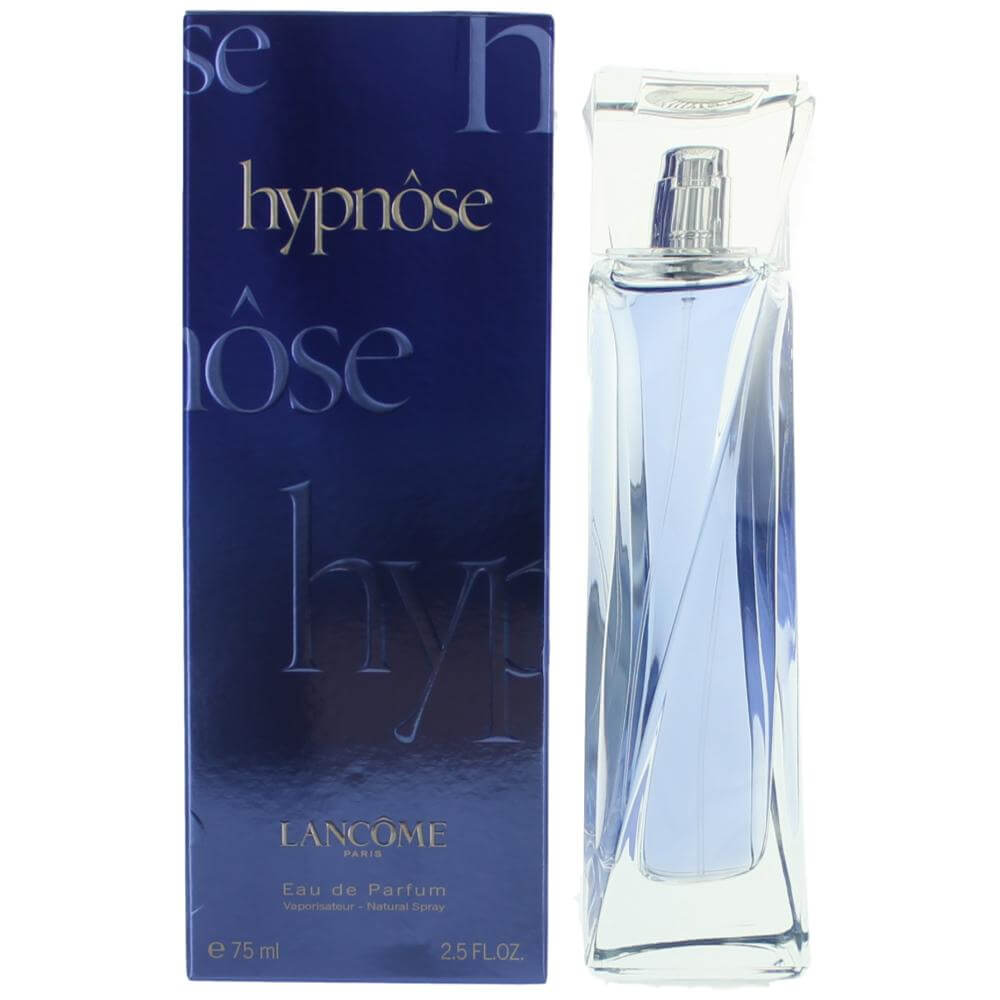 Women’s eau de parfum spray bottle with box, clear glass and silver cap