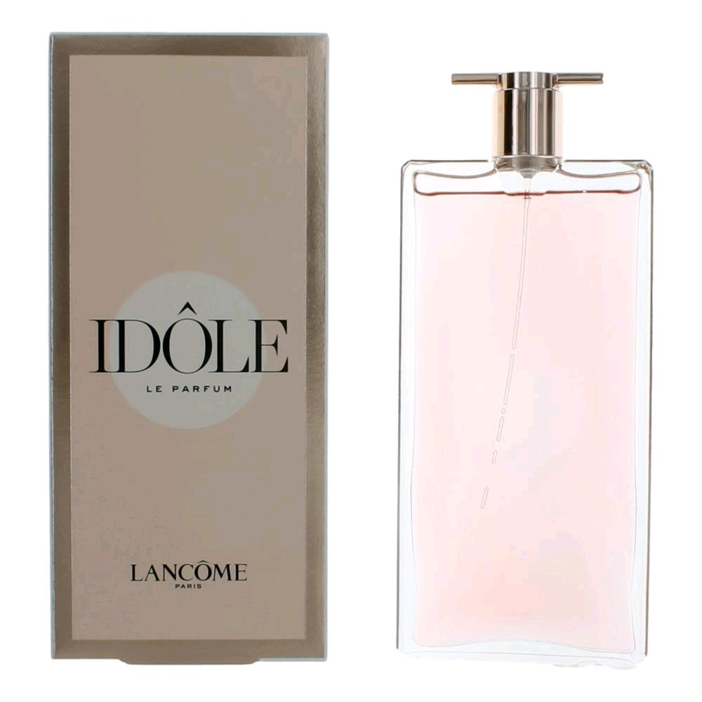 Idole perfume spray bottle with gold cap and pink glass, shown with box