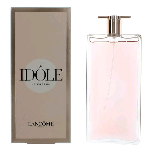 Idole perfume spray bottle with gold cap and pink glass, shown with box