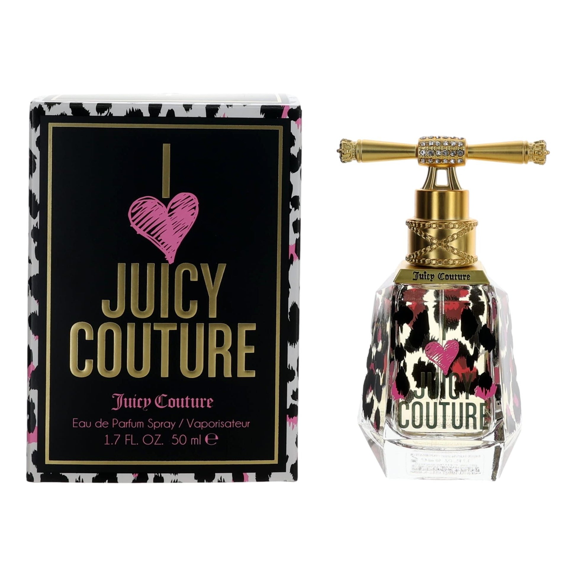 Women’s Juicy Couture EDP spray bottle with pink heart logo, shown with matching box