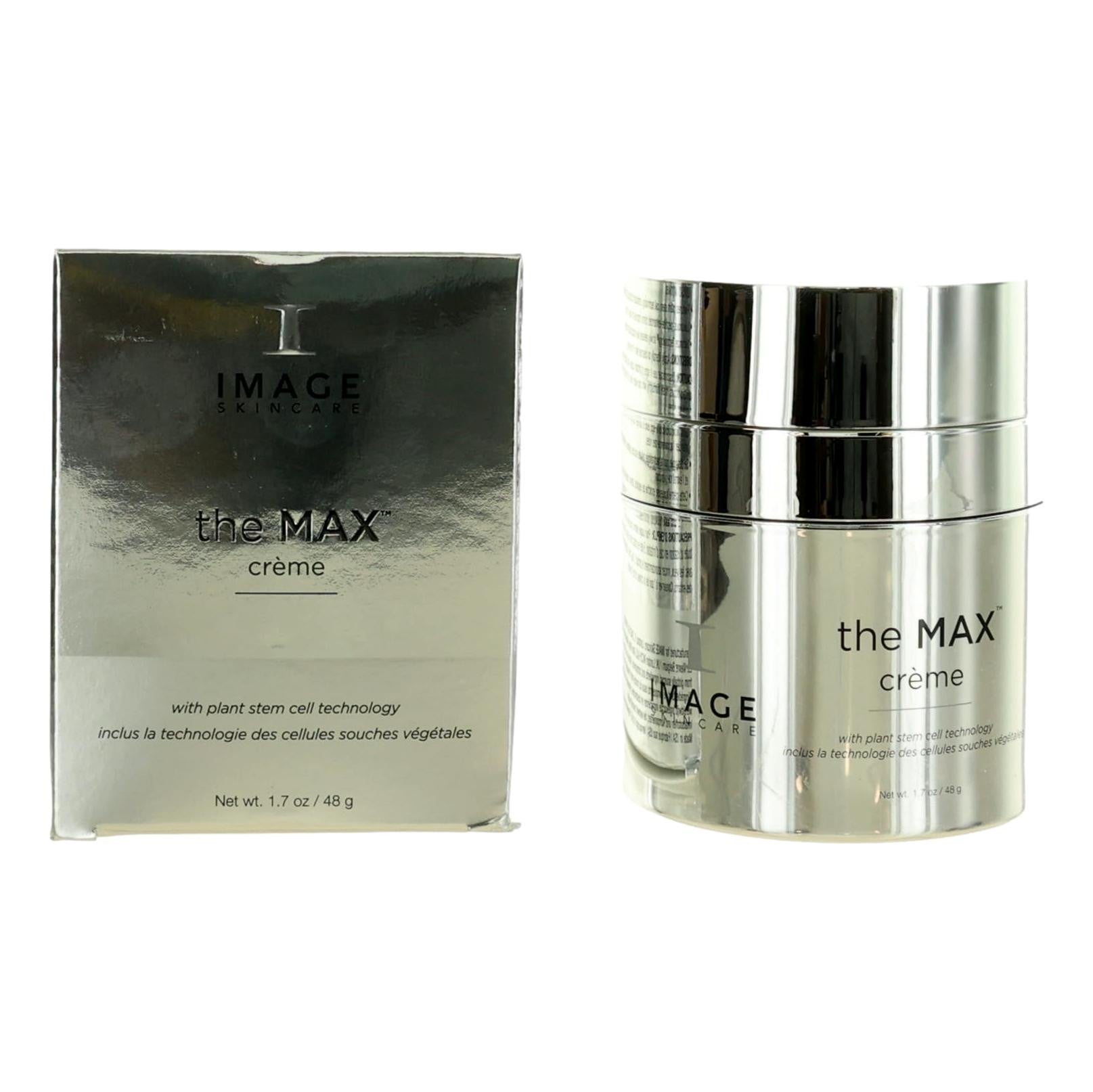 Face cream jar with metallic lid and retail box, "the MAX" label