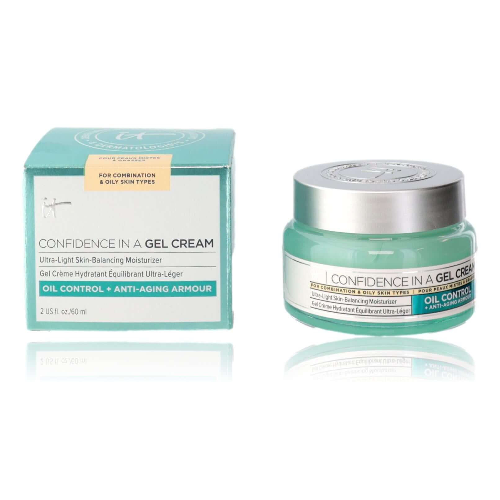 Facial gel cream jar and box, light teal label, for oil control and balancing moisturizer