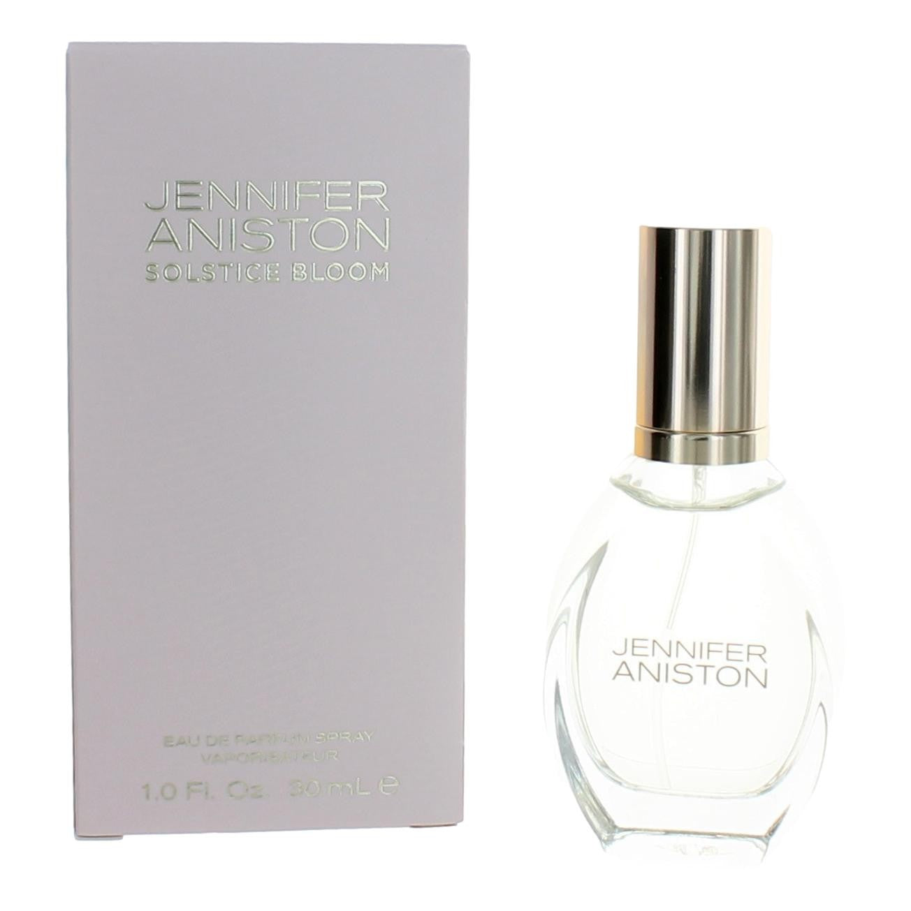 Women's EDP perfume bottle with clear white glass and gold spray cap, with box