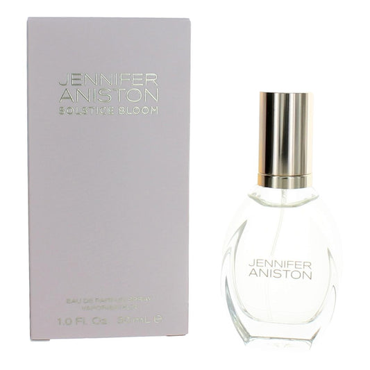 Women's EDP perfume bottle with clear white glass and gold spray cap, with box