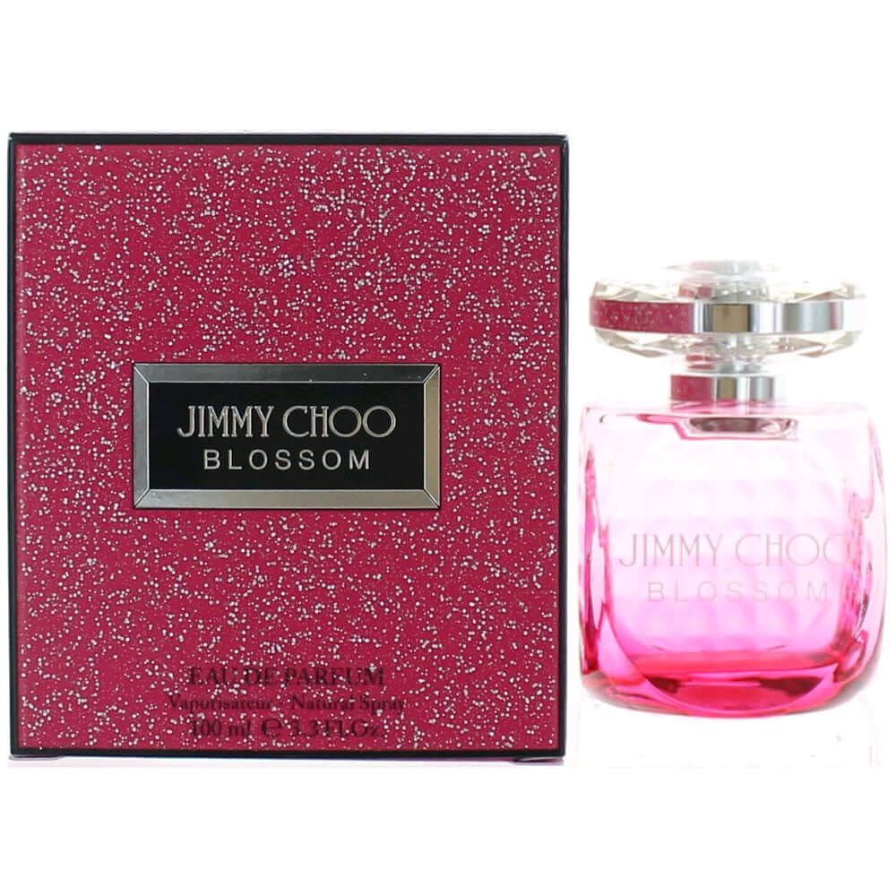 Jimmy Choo Blossom by Jimmy Choo, 3.3 oz EDP Spray for Women with floral notes in a pink bottle.