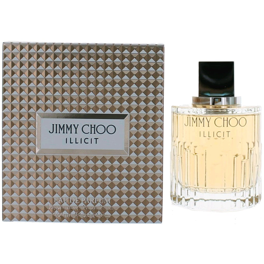 Women's Eau de Parfum spray bottle with patterned box; clear glass and gold cap.