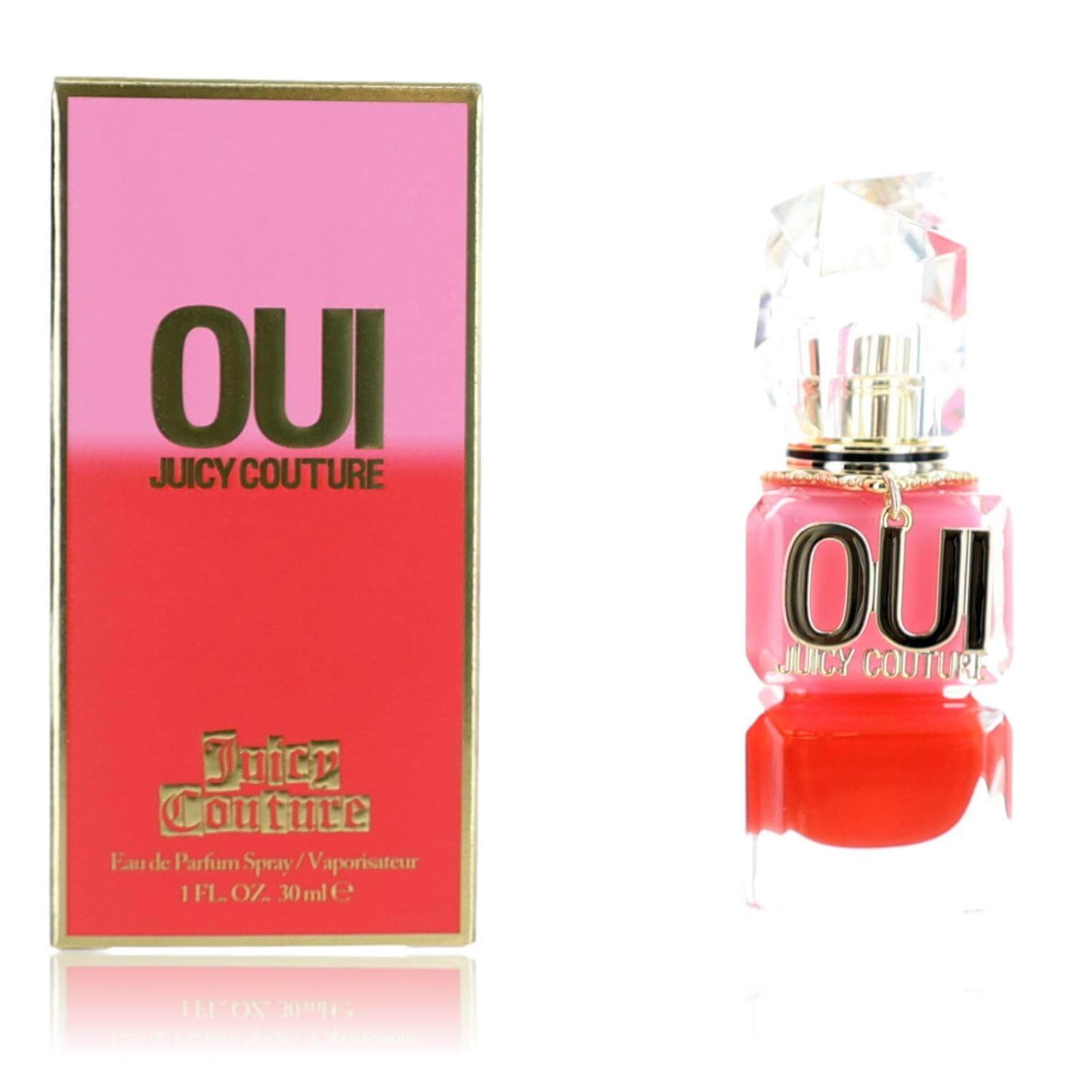 Pink and red perfume bottle with clear spray cap and Oui logo label