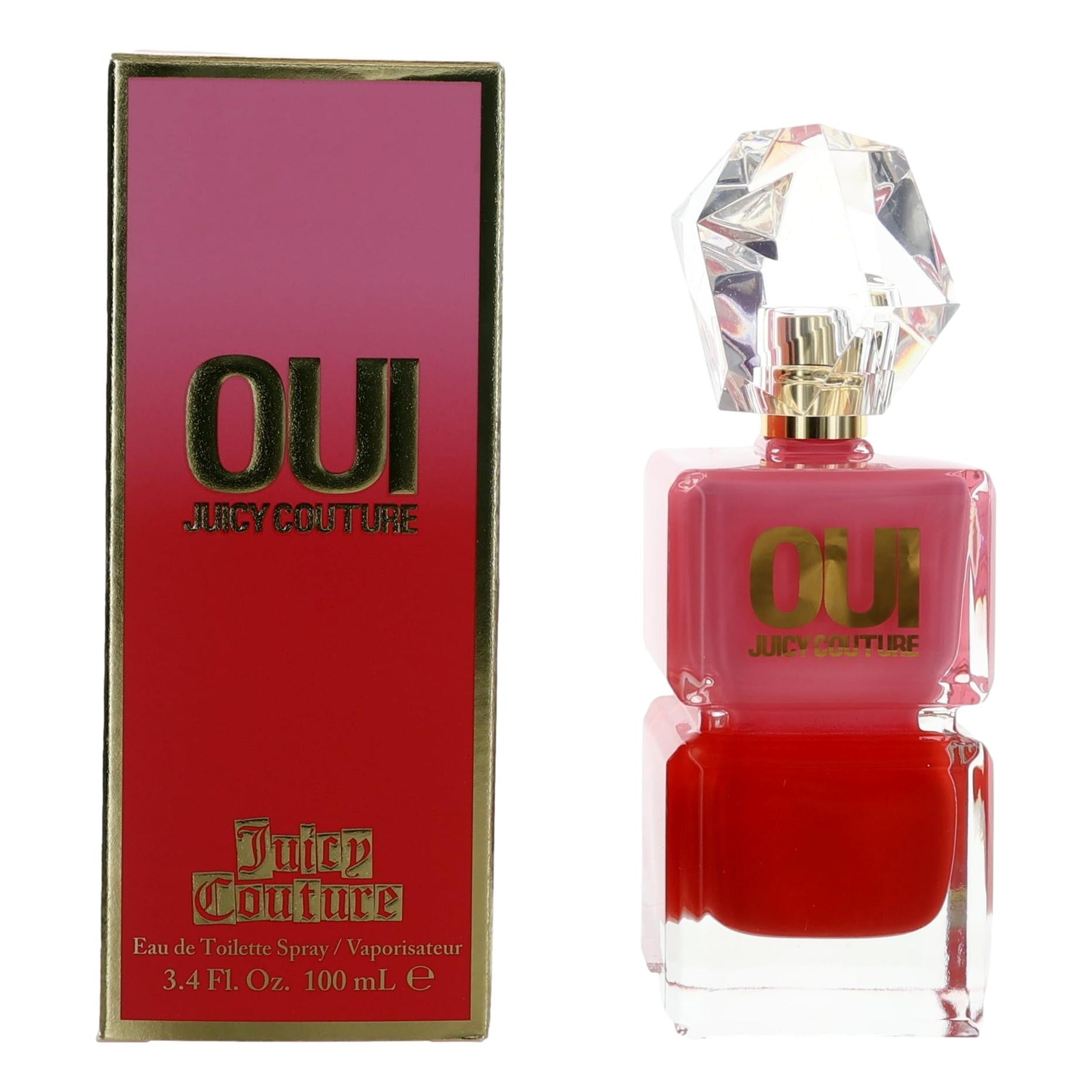 Womens Oui Juicy Couture EDT spray bottle with gem cap, red-pink glass and box