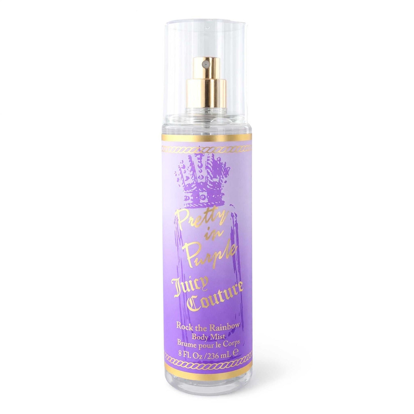 Juicy Couture purple fragrance mist bottle with gold spray cap