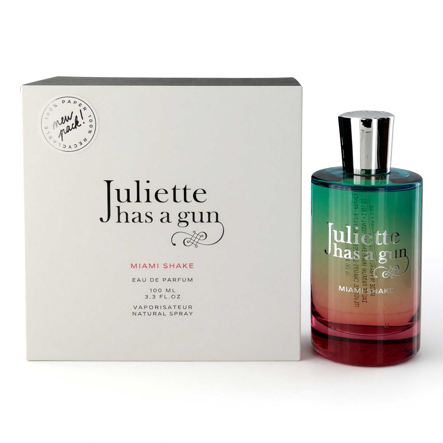 Women’s eau de parfum spray, 3.4 oz bottle with silver cap, in box.