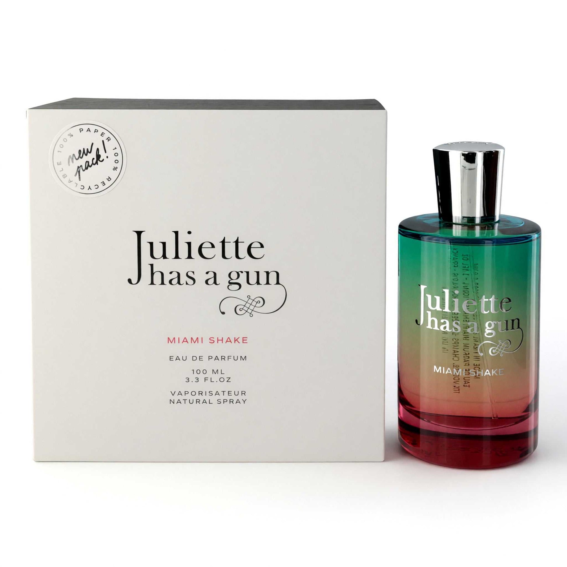 Women’s eau de parfum spray, 3.4 oz bottle with silver cap, in box.