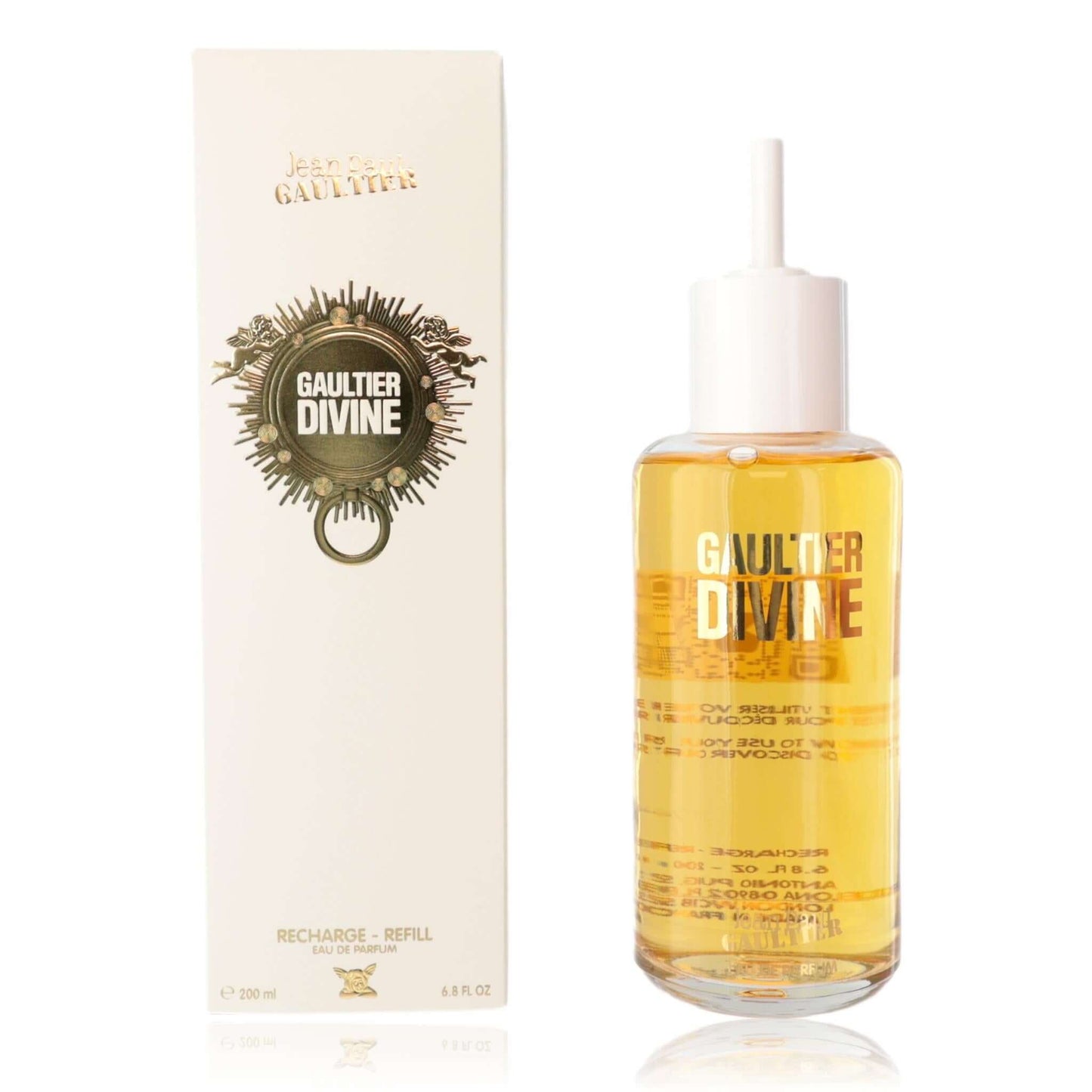 Gaultier Divine EDP women’s refill bottle with gold liquid and white cap, in box