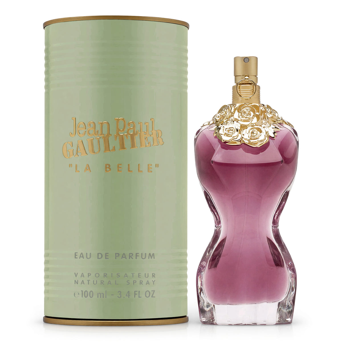 Women’s EDP spray perfume set with pale green tube and magenta glass bottle, gold cap
