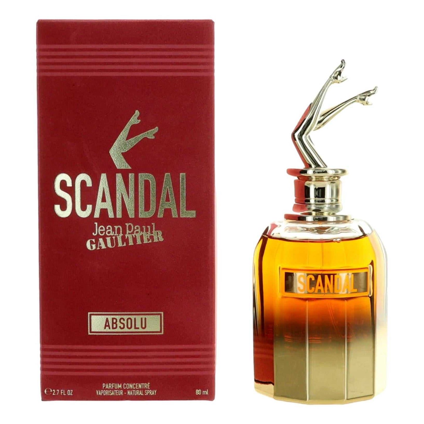Scandal Absolu perfume concentrate spray with red box and amber bottle, gold cap