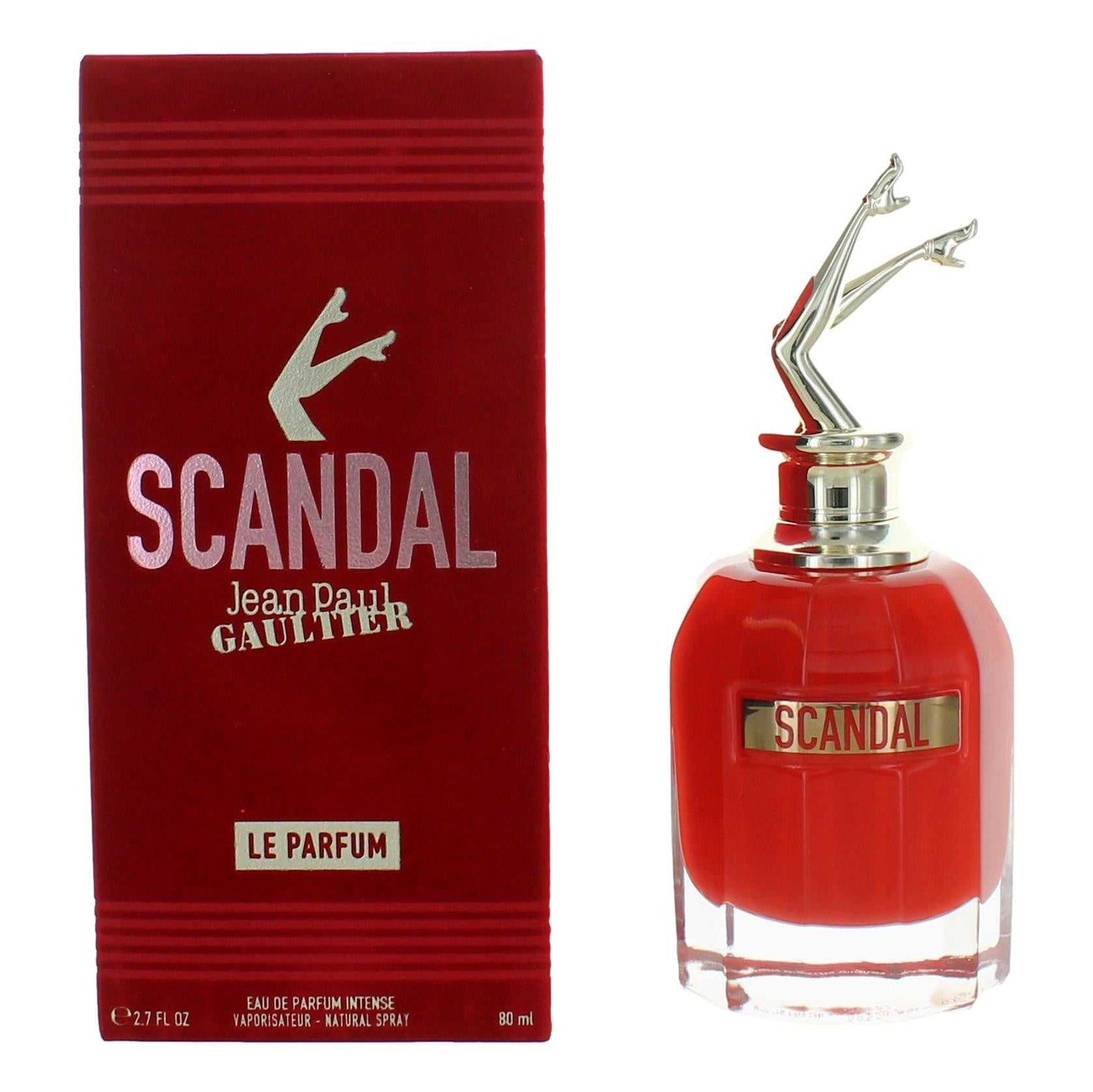 Red Scandal Le Parfum intense spray bottle, metallic cap; Jean Paul Gaultier box included.
