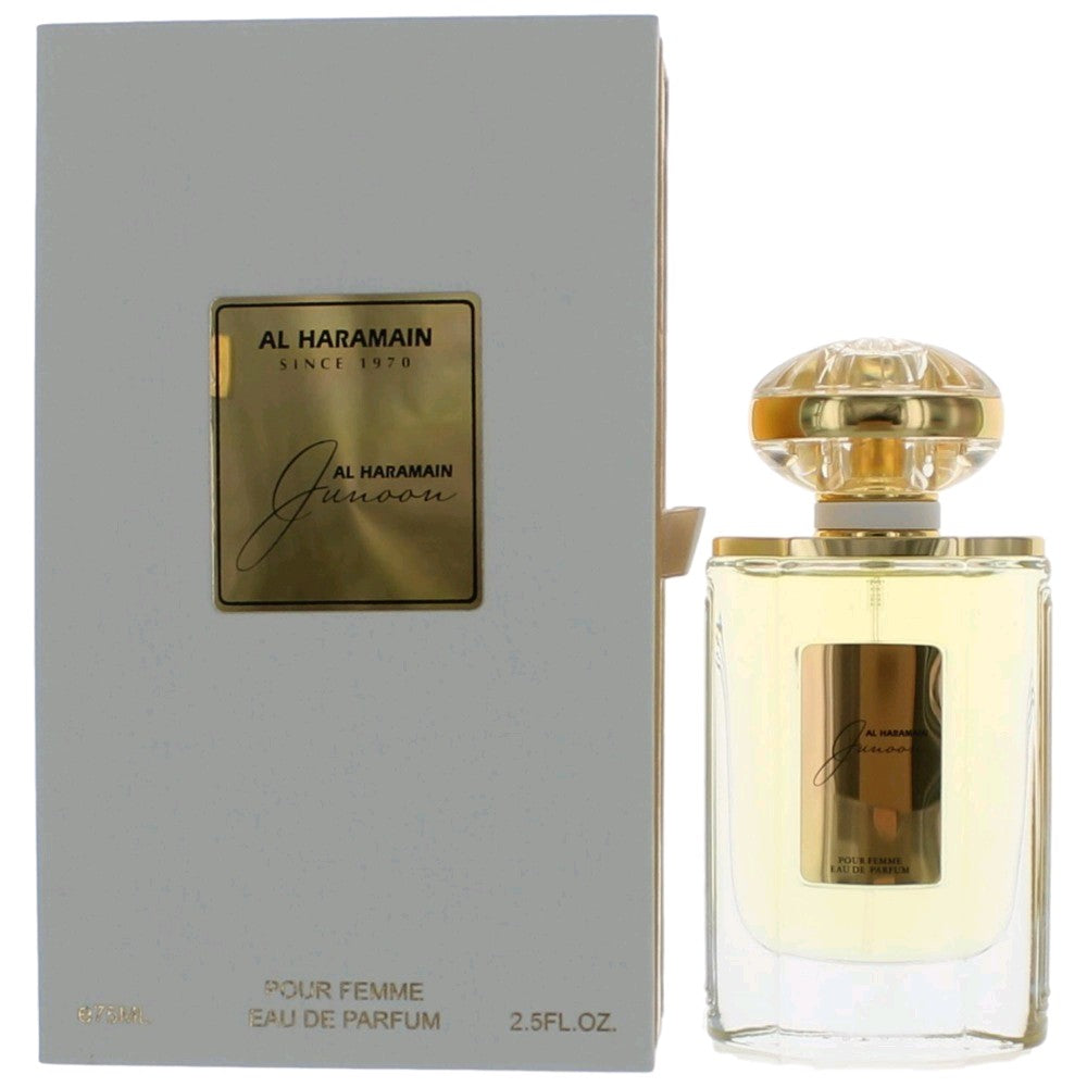 Junoon by Al Haramain women's EDP spray bottle, clear glass with gold cap, boxed