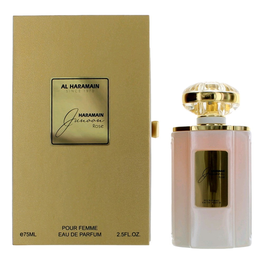 Women’s eau de parfum spray bottle with gold cap and Junoon Rose box by Al Haramain.