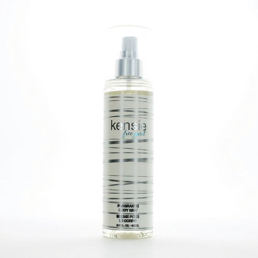 Kensie Free Spirit body mist bottle with silver spray cap, clear liquid, striped label