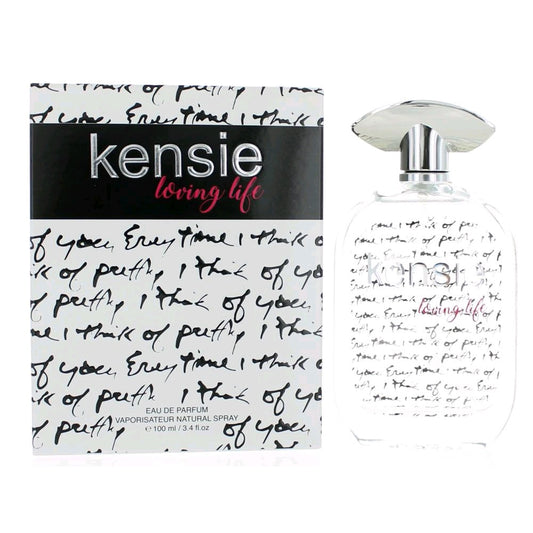 Women's eau de parfum spray bottle with white script label and silver cap
