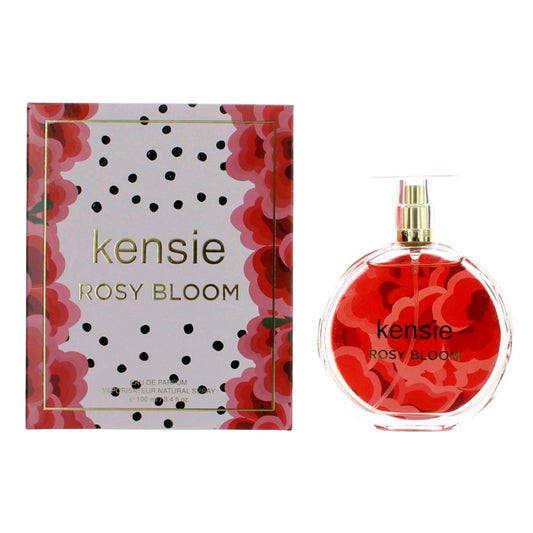 Kensie Rosy Bloom EDP spray bottle with red floral label and matching box