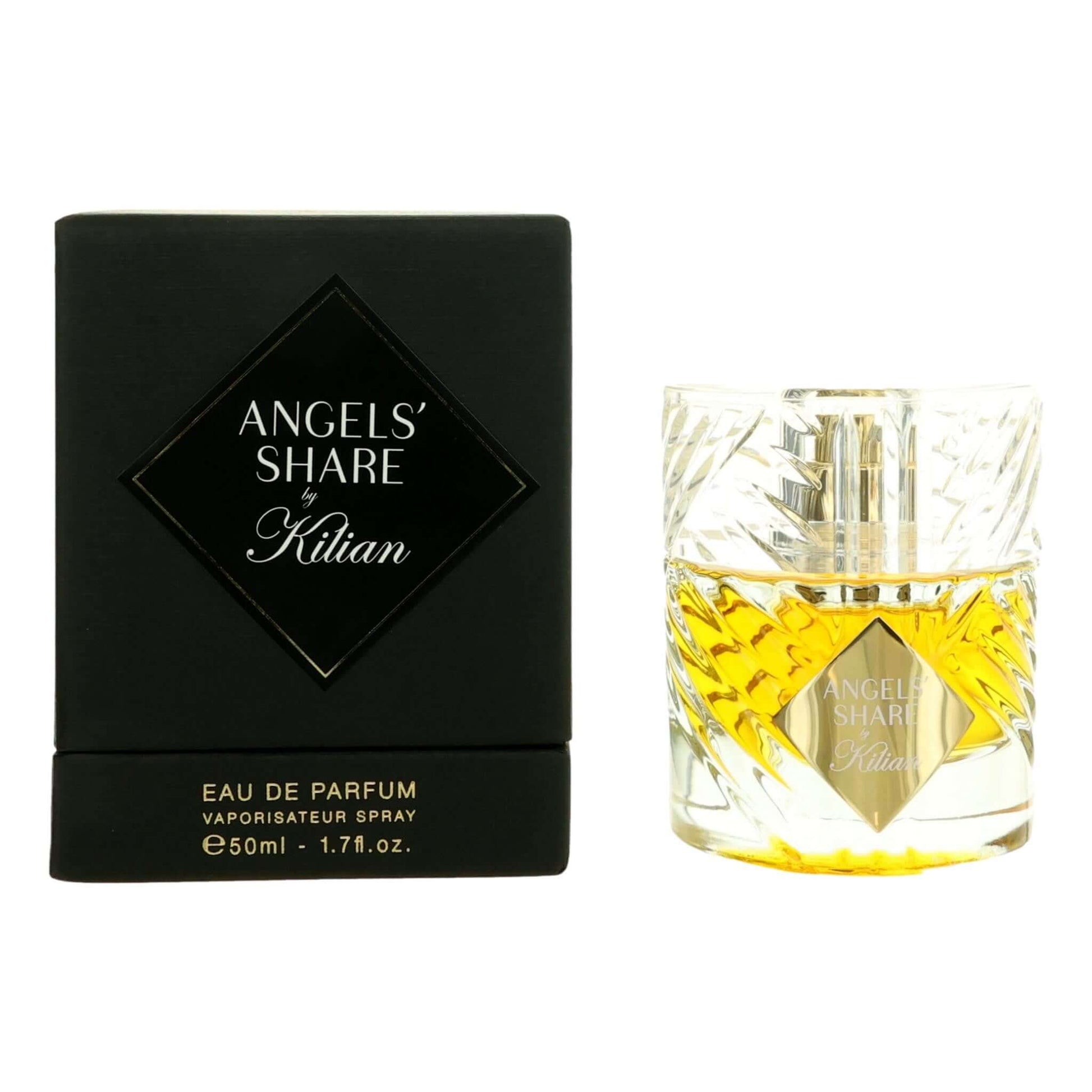 Angels' Share EDP spray bottle and black gift box, clear glass with gold liquid