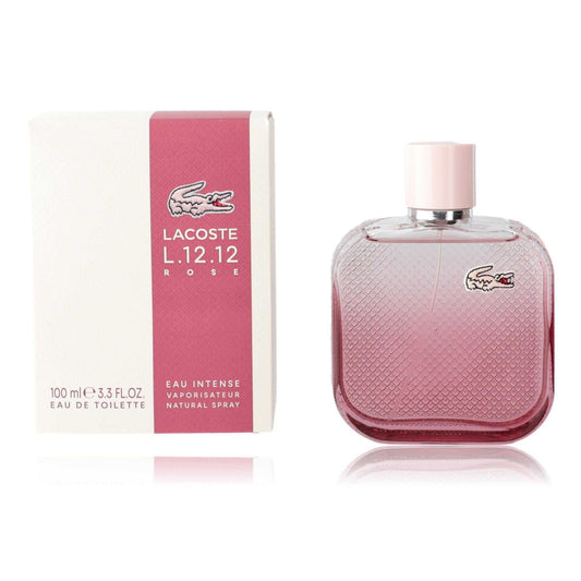 Women’s Lacoste L.12.12 Rose EDT spray bottle, pink glass and cap, with box