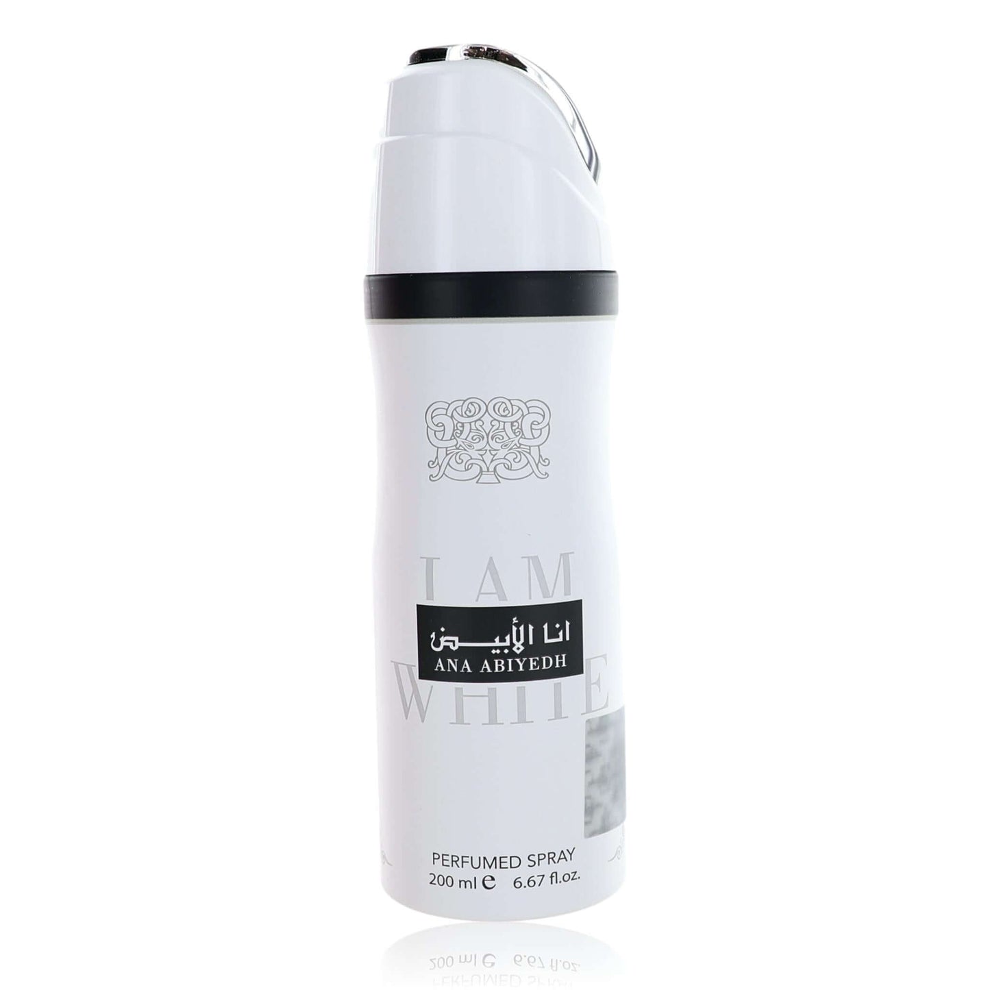 Lattafa Ana Abiyedh I Am White deodorant spray can, white bottle with black band and silver cap.