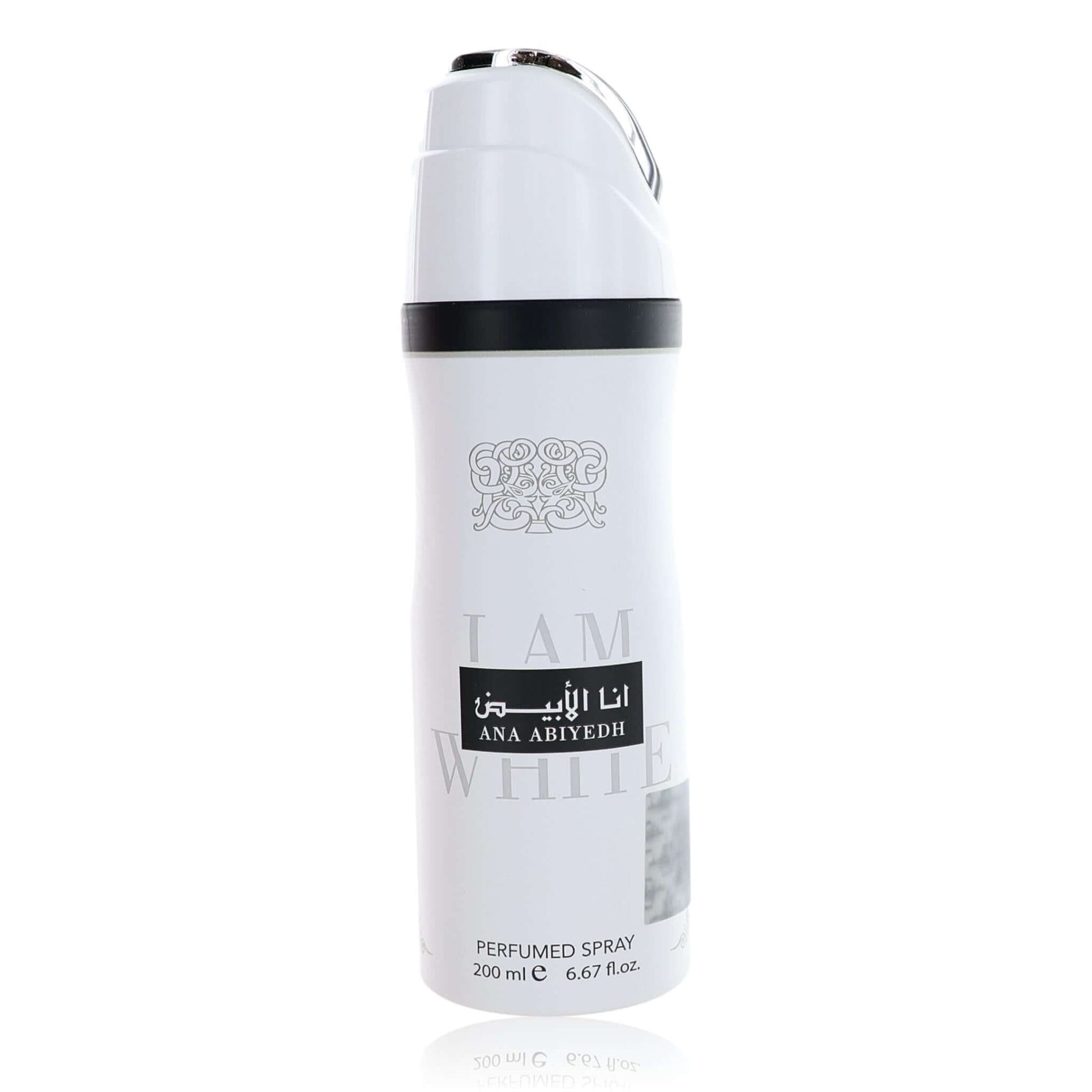 Lattafa Ana Abiyedh I Am White deodorant spray can, white bottle with black band and silver cap.