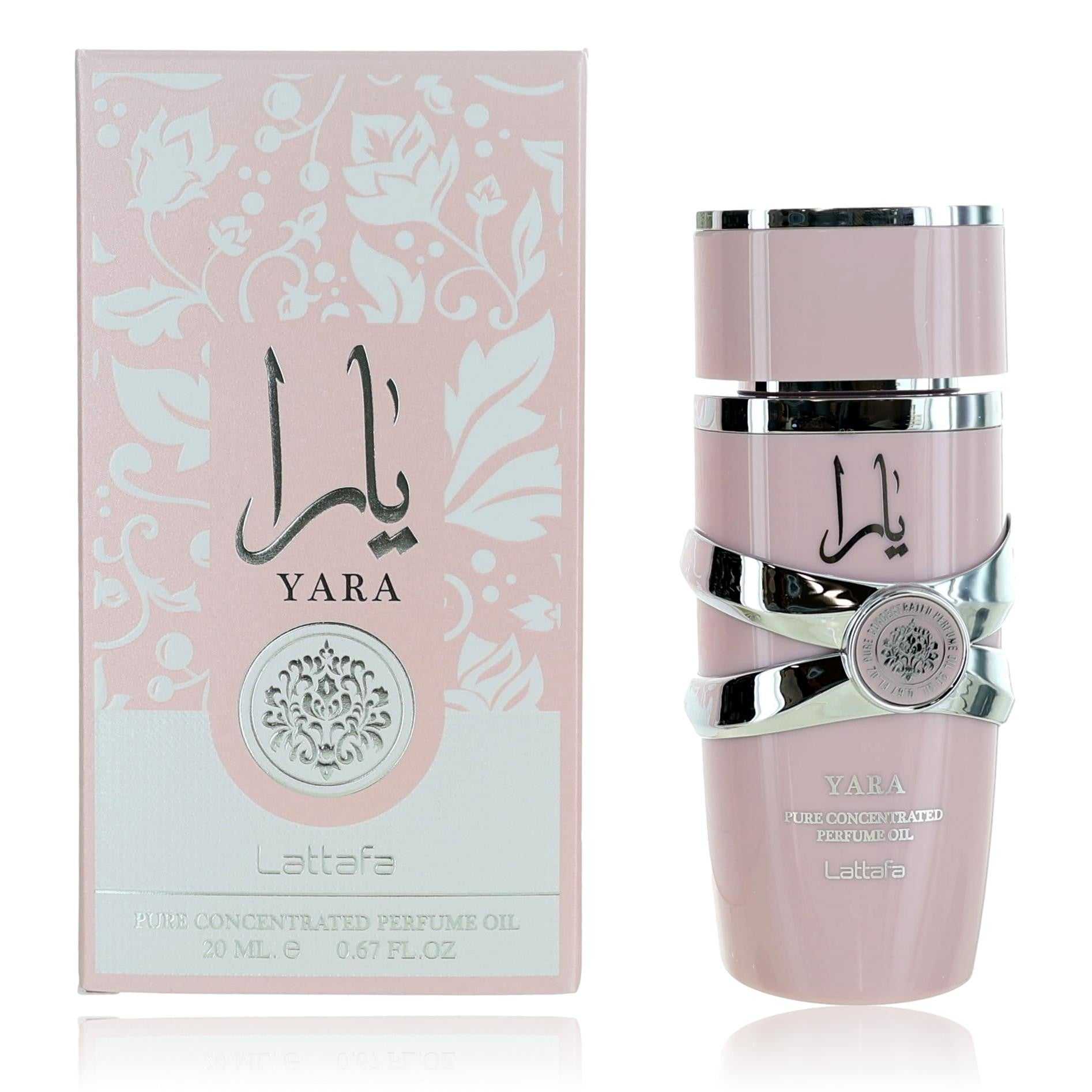 Lattafa Yara concentrated perfume oil bottle, pink glass with silver cap