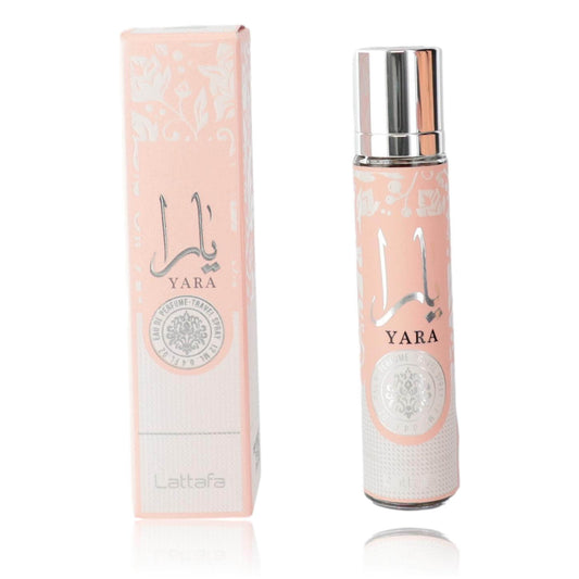 Yara by Lattafa, 0.4 oz EDP Spray for Women in a stylish pink bottle with elegant packaging.