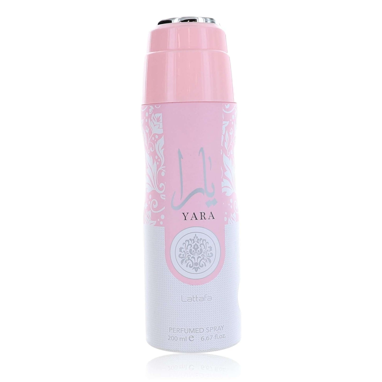 Yara perfumed deodorant spray can with pink cap and Yara logo, 200 ml.