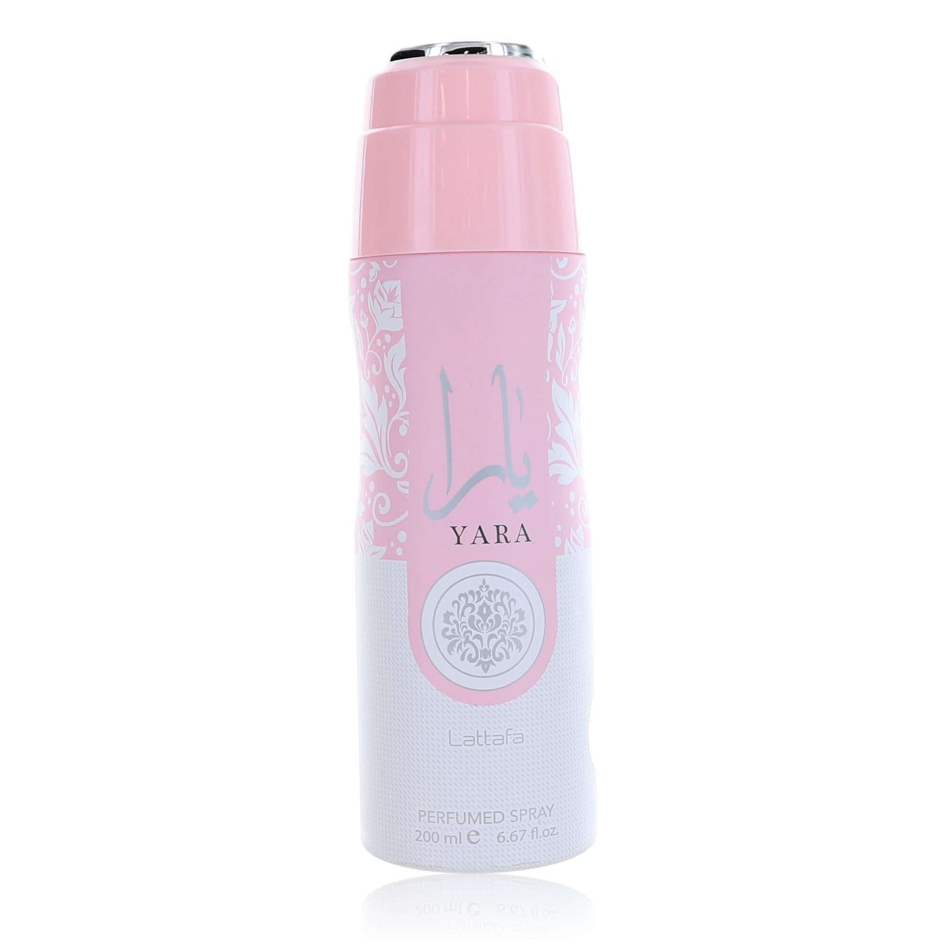 Yara perfumed deodorant spray can with pink cap and Yara logo, 200 ml.