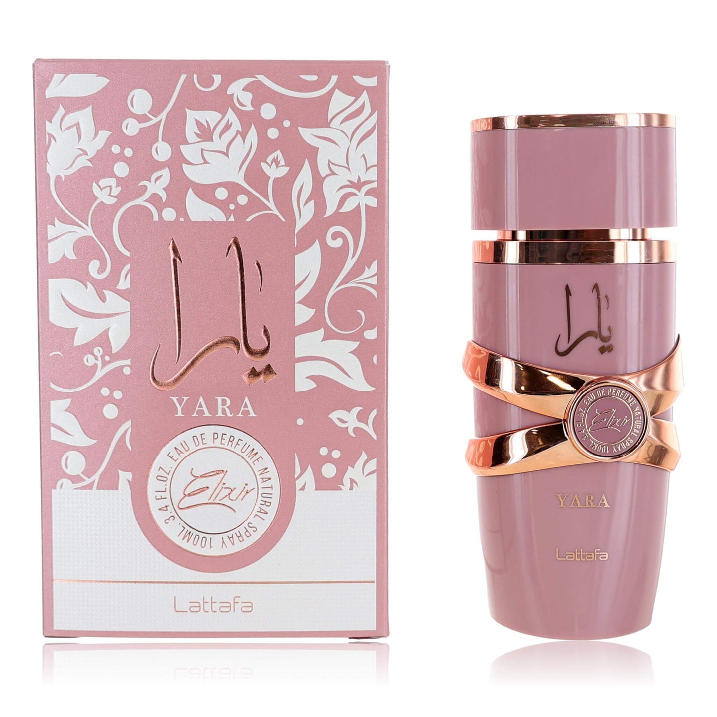 Women’s eau de parfum spray: pink bottle with gold cap, shown with matching box