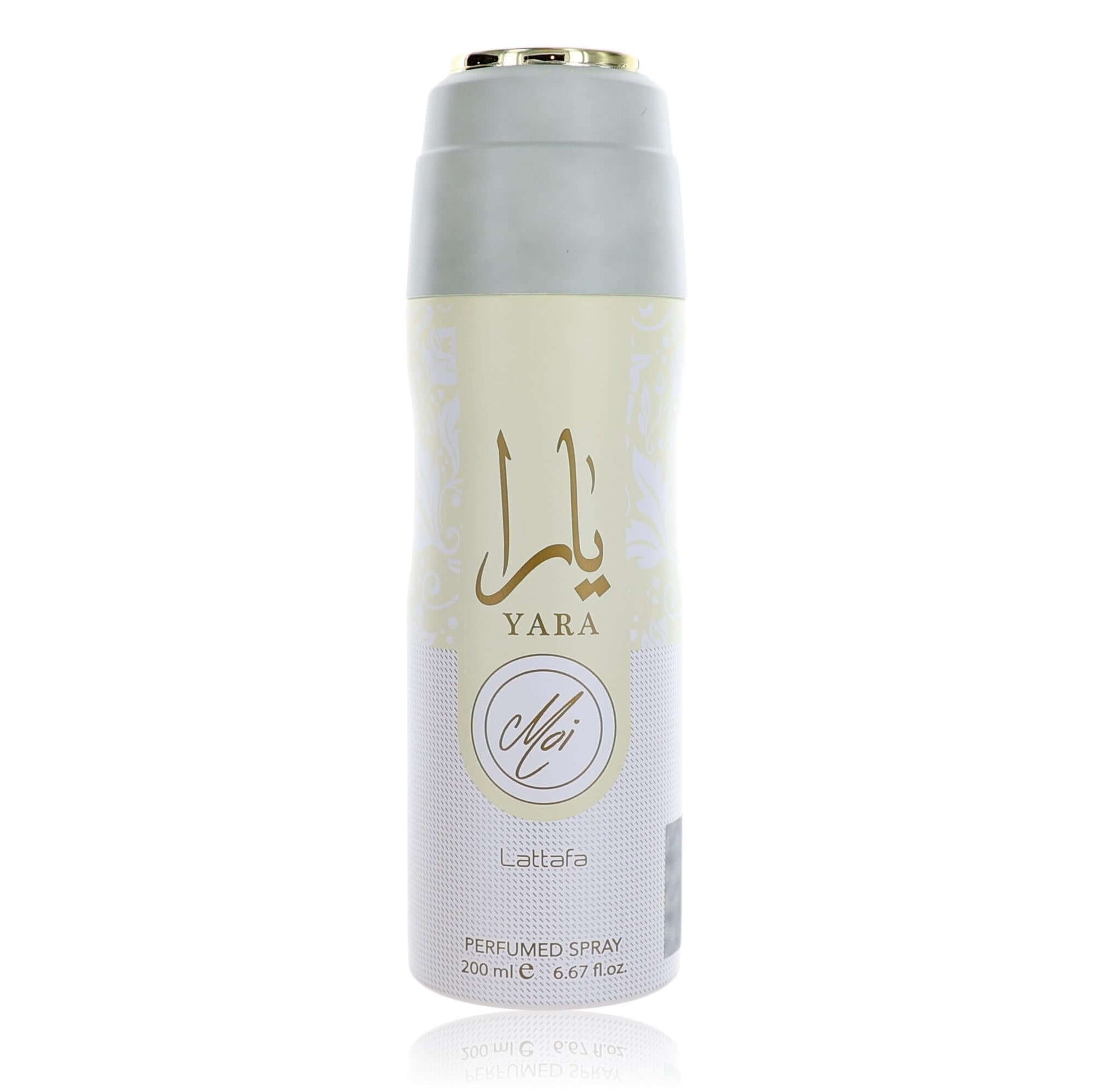 Perfumed deodorant spray can, silver with gold cap and Yara Mai label