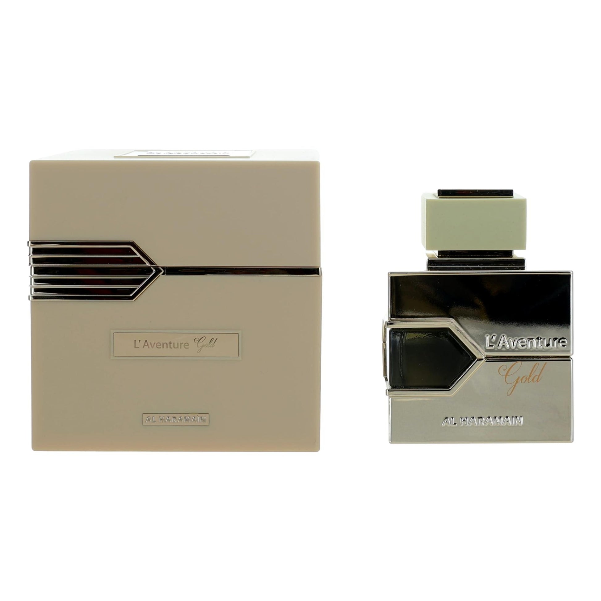 Beige perfume box with geometric logo and matching dark glass spray bottle