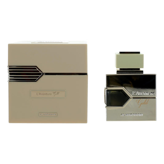 Beige perfume box with geometric logo and matching dark glass spray bottle