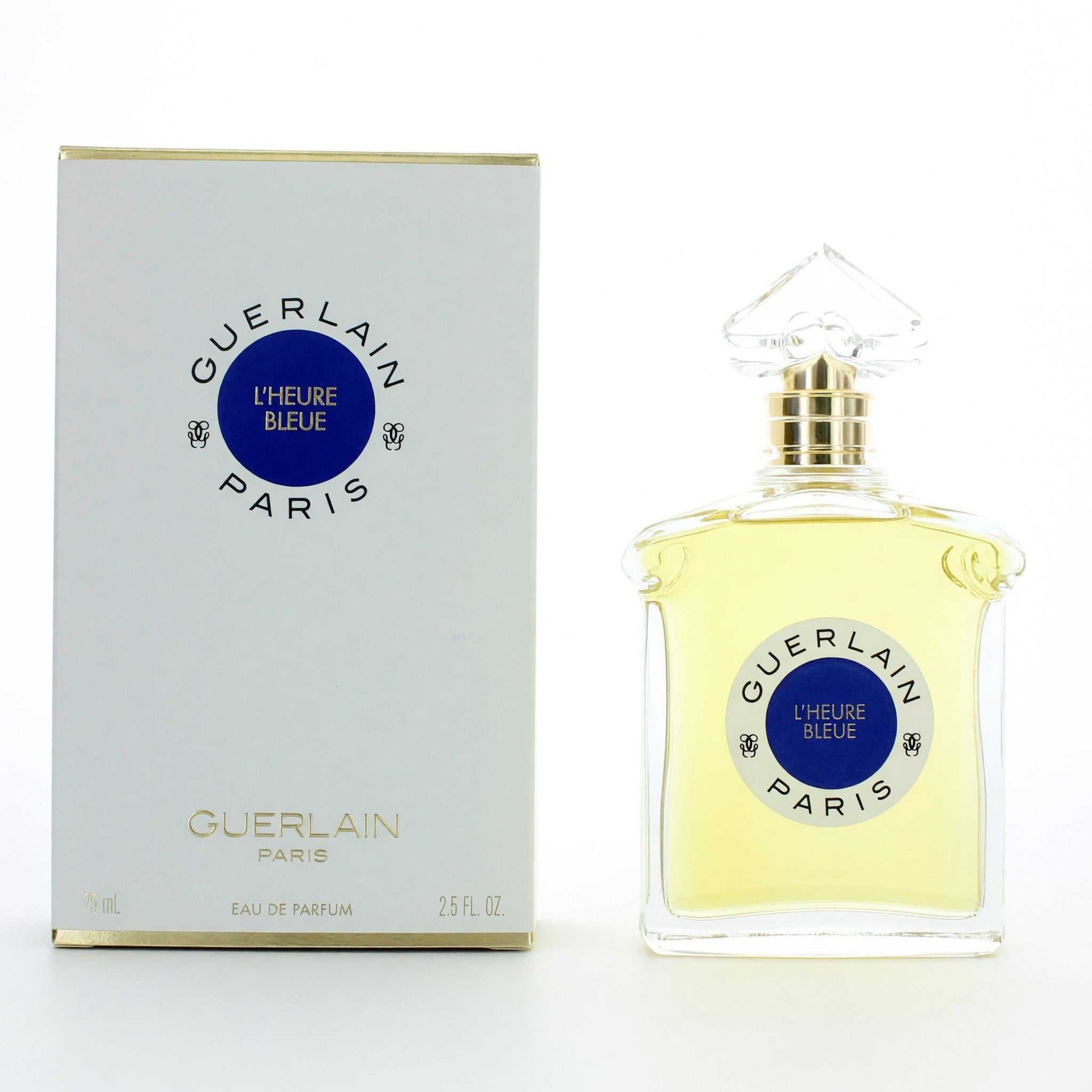 L'Heure Bleue by Guerlain women's eau de parfum spray with glass bottle and gold cap, box