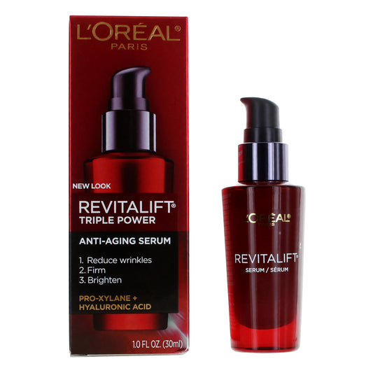 L'Oreal Revitalift anti-aging serum bottle, red glass and black pump.