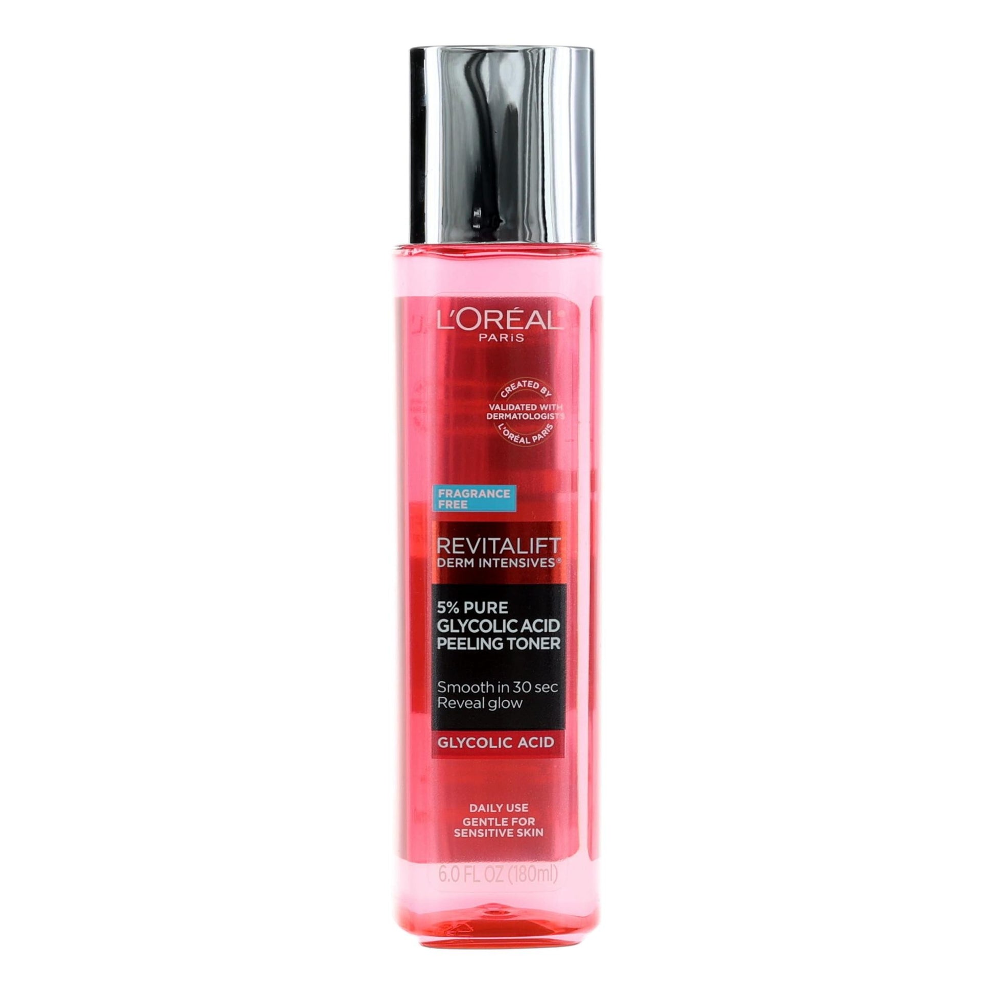 Pink L'Oreal Revitalift glycolic acid peeling toner bottle with silver cap