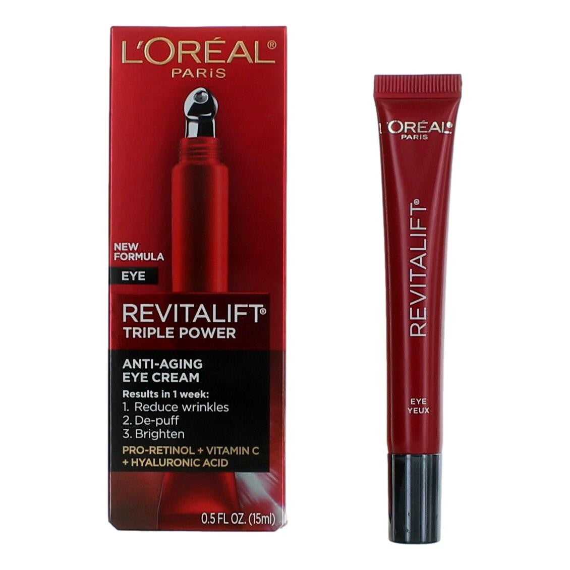 L'Oreal Revitalift Triple Power anti-aging eye cream tube, red cap, 15ml