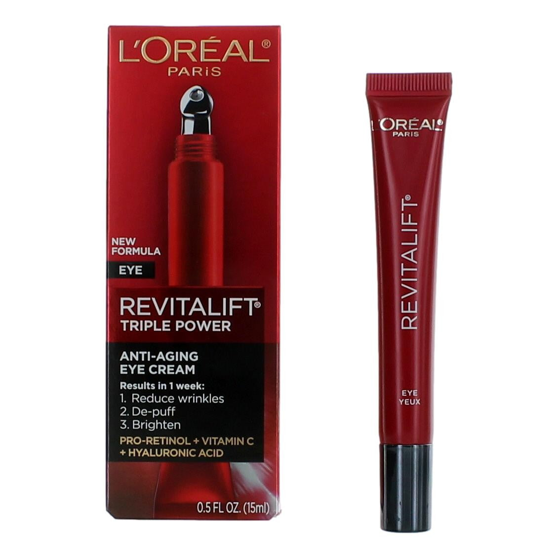 L'Oreal Revitalift anti-aging eye cream tube with cap, shown with product box
