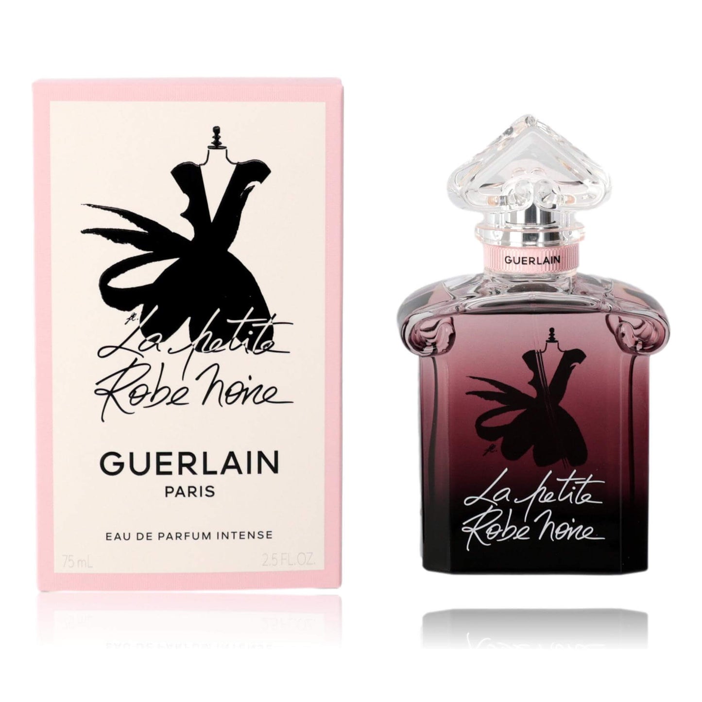 Eau de parfum spray bottle with dark rose glass and matching pink gift box