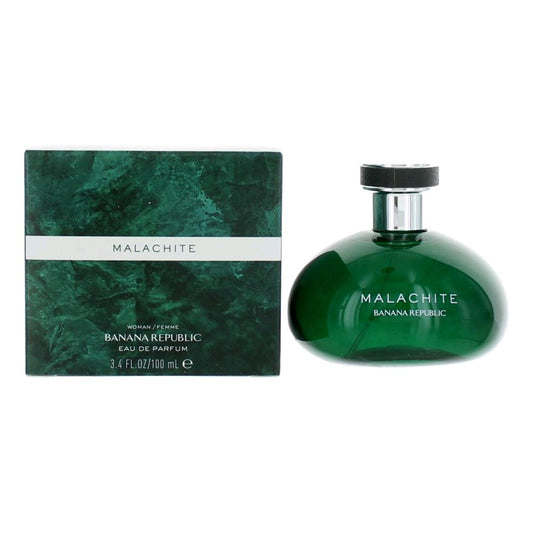 Green glass perfume bottle with silver cap and Malachite box, 3.4 oz EDP