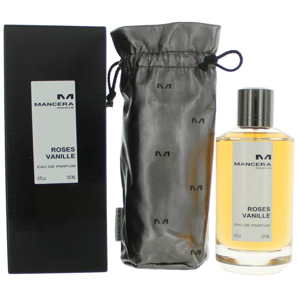 Mancera Roses Vanille eau de parfum spray with bottle, box, and satin pouch