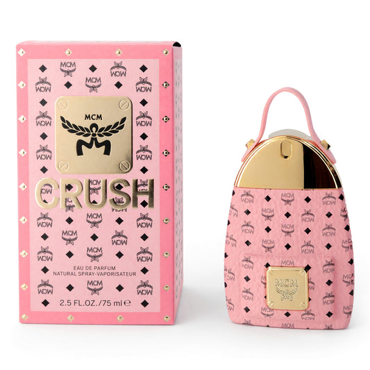 Women’s EDP spray set with pink Crush box and matching bottle, MCM logo front.