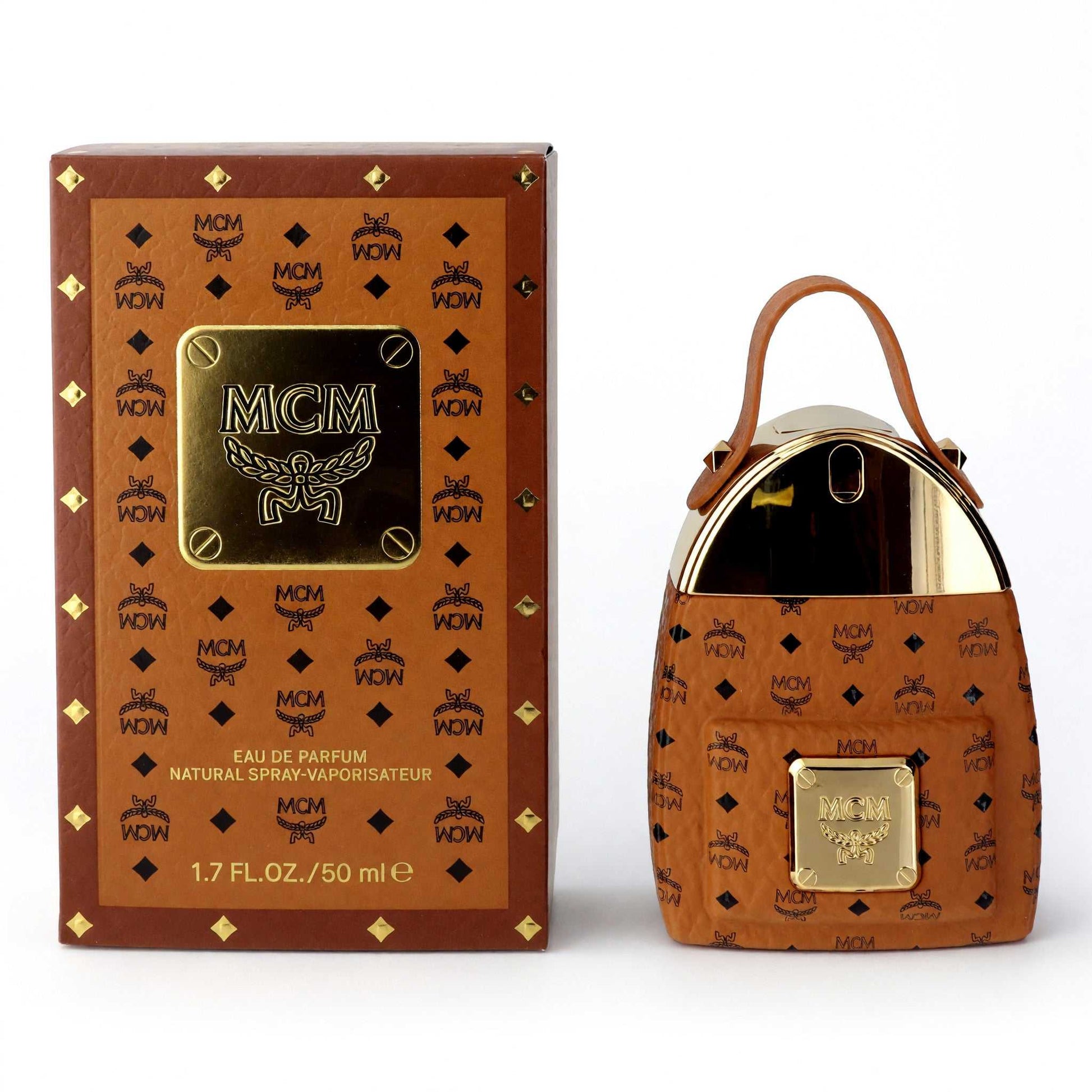 Women’s MCM EDP spray set: patterned bottle with matching display box
