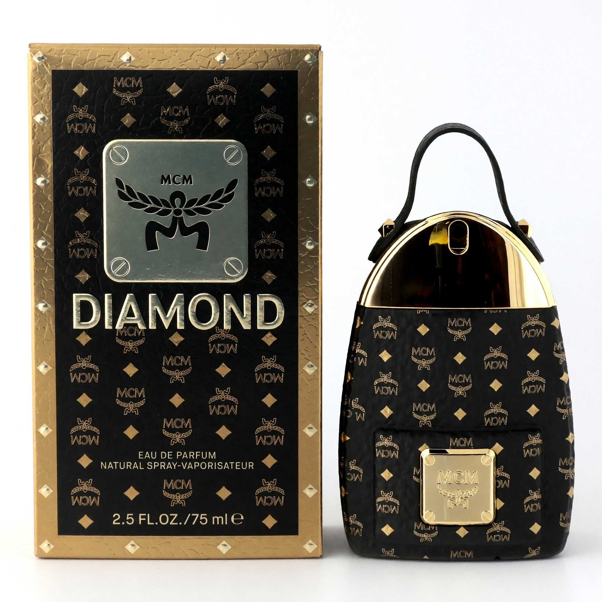 MCM Diamond EDP spray bottle and gift box, black with gold logo pattern
