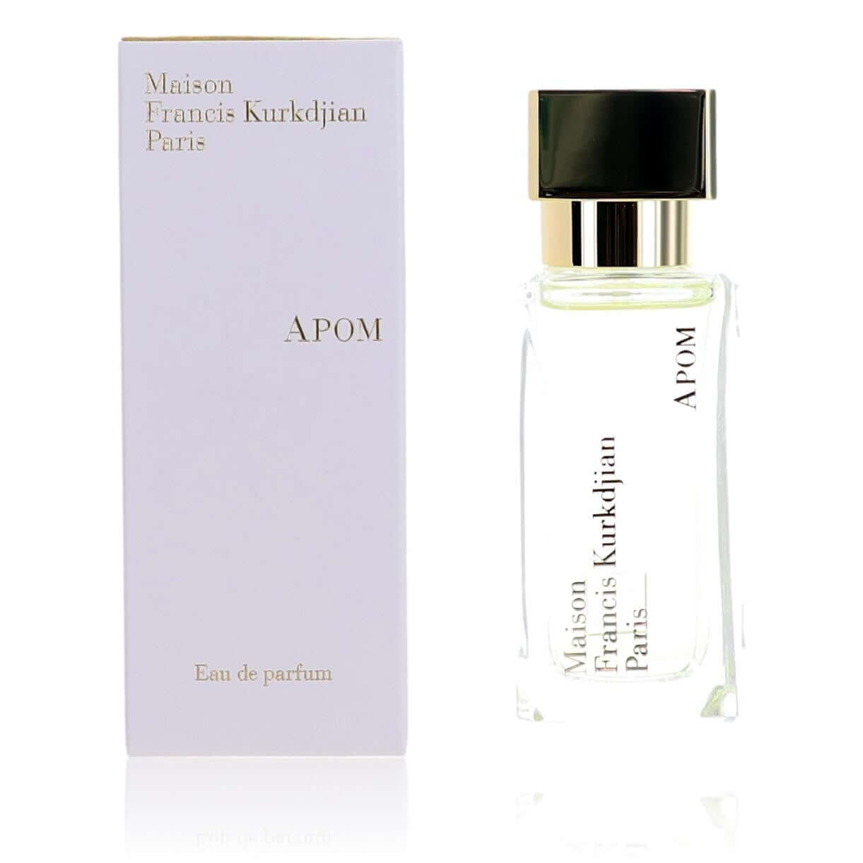 Apom eau de parfum spray bottle with dark cap and clear glass, 1.2 oz