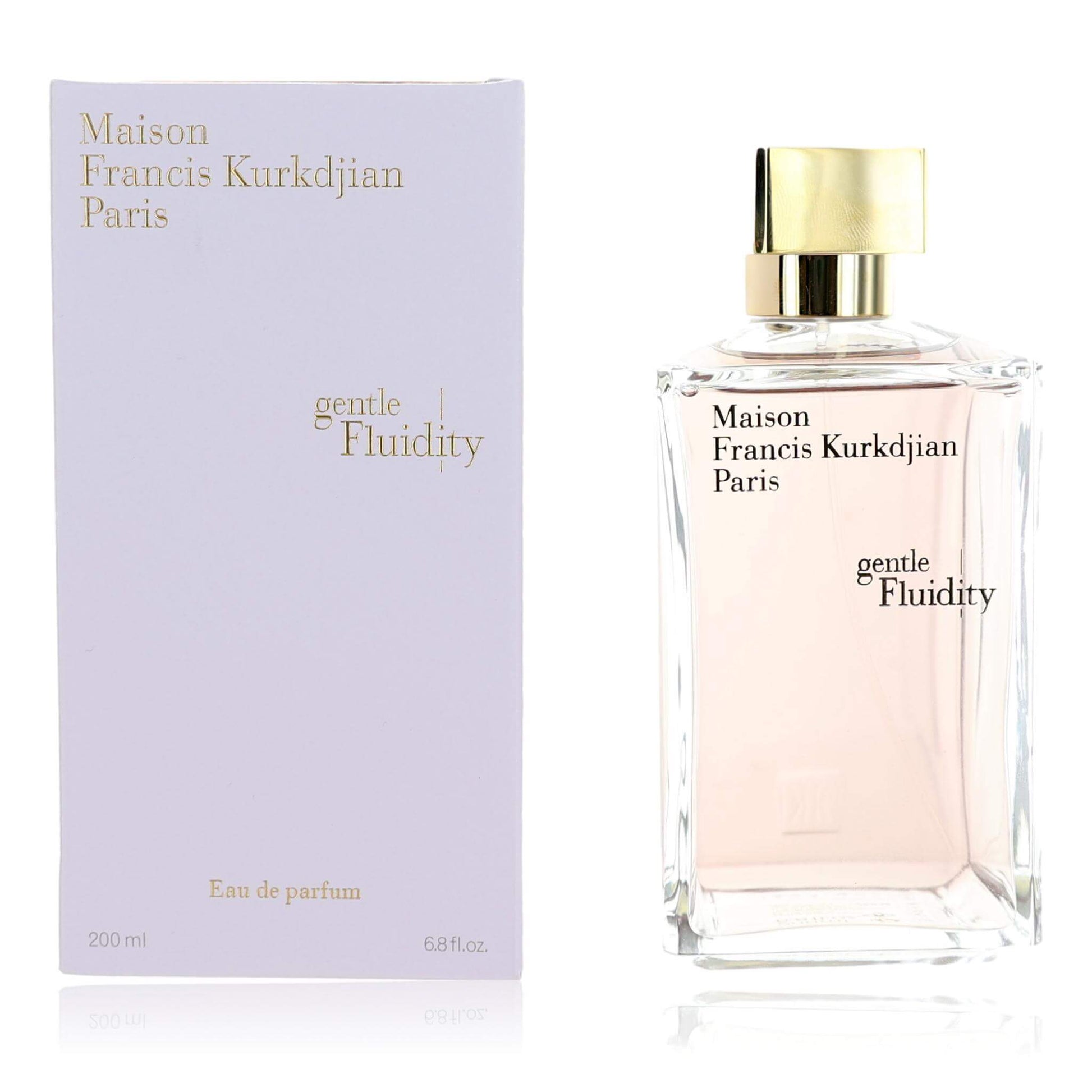 Maison Francis Kurkdjian Gentle Fluidity EDP spray set: lavender box, clear bottle, gold cap
